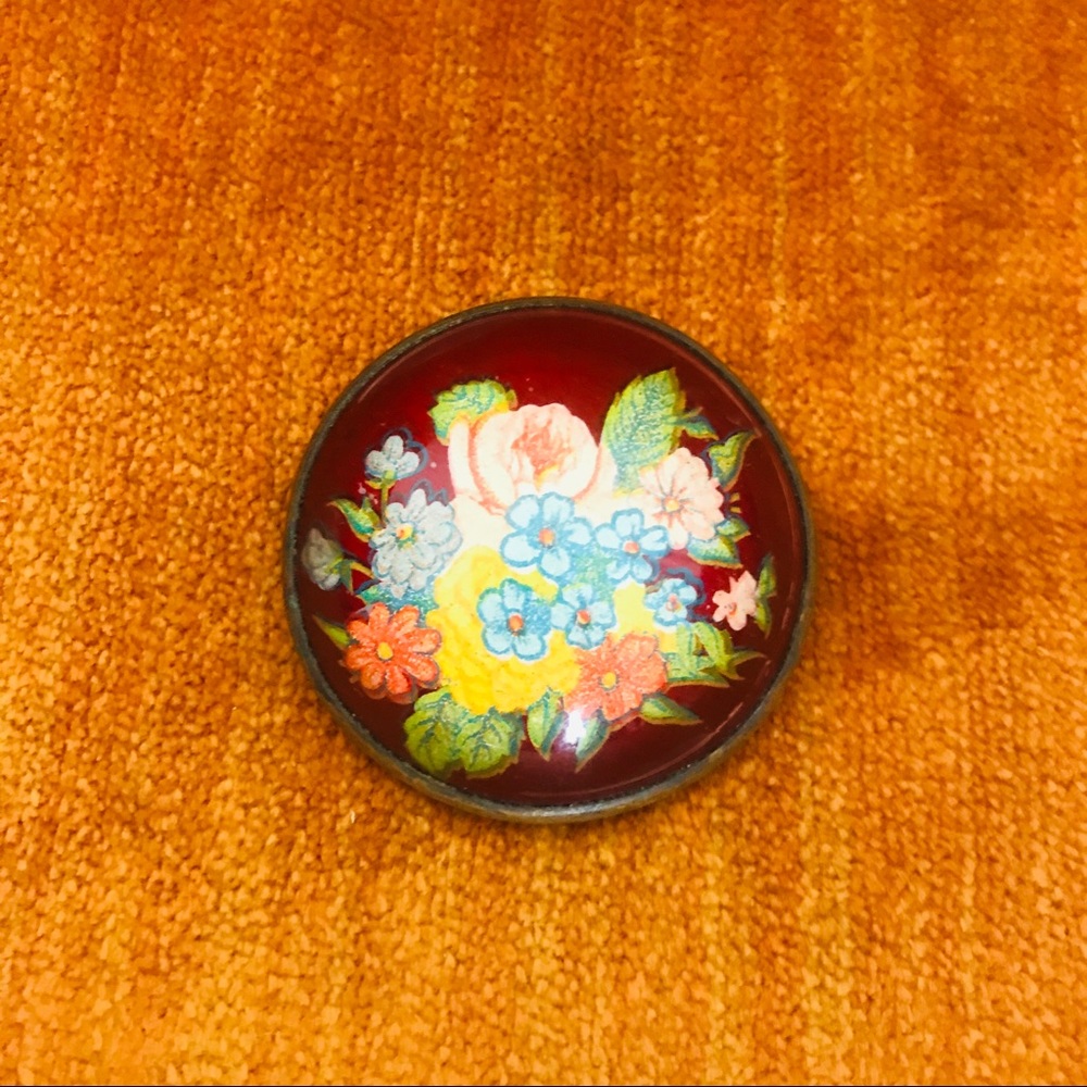 Round, Vintage Floral Glass Brooch Pin